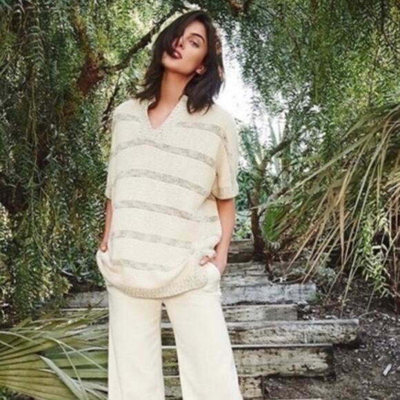 VINCE Popover White Knit Stripe Speckle Sweater Boxy Tunic Top - Picture 2 of 8